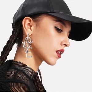 LOVE Silver Tone Oversize Drop Earrings  3+”